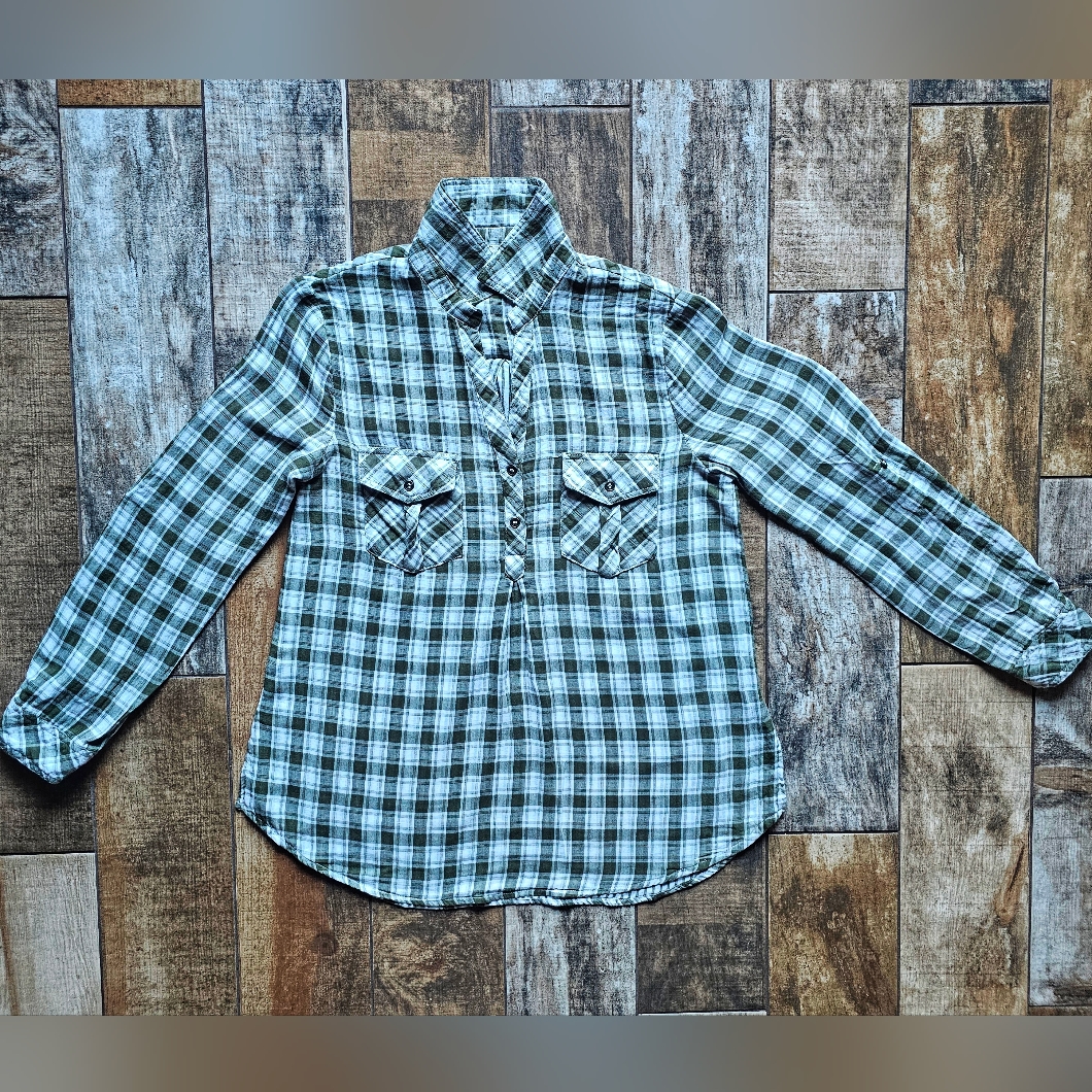 Entro Green Plaid Button Shirt Roll Tab Utility Blouse Size Large Euc
